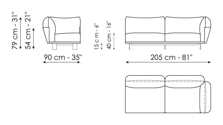 Blend Sofa by Bonaldo, size drawing: End section sofa 205