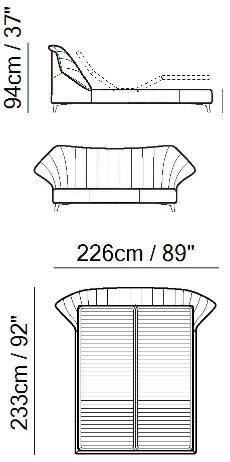 Cala Bed by Natuzzi Italia: Bed with split mesh electric 160X200, outline drawing with sizes