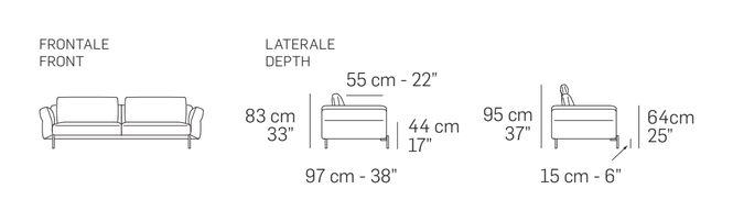 Penta Sofa by Nicoline, size drawing: Front and side views