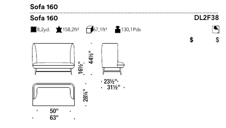 Gimme Shelter Sofa by Moroso, size drawing: Sofa 160