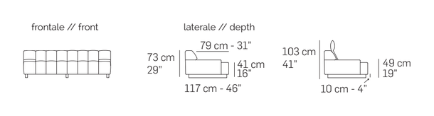 Zara Deep Sofa by Nicoline, size drawing: Front and side views