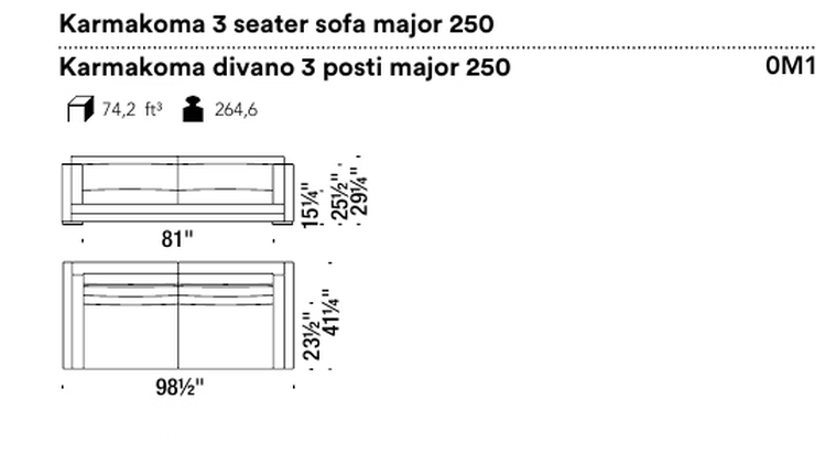 Karmakoma Sofa by Moroso, size drawing: Karmakoma 3 seater sofa major 250