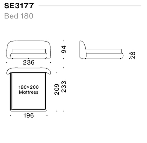 Sedona Edge Bed by Moroso, size drawing: Bed 180