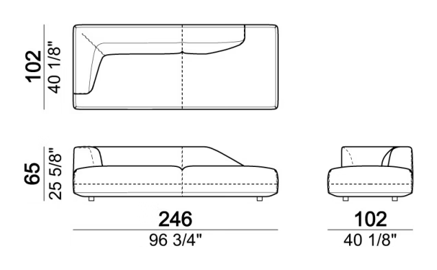 Starman Sofa by Arketipo, size drawing: Right or left unit with right or left pouf