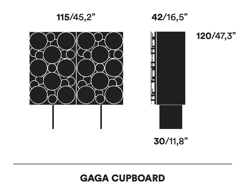 Gagà Storage Cabinet by Opinion Ciatti, size drawing: GAGA CUPBOARD