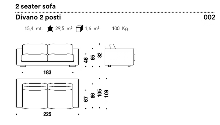 Salon Nanà Sofa by Moroso, size drawing: 2 seater sofa
