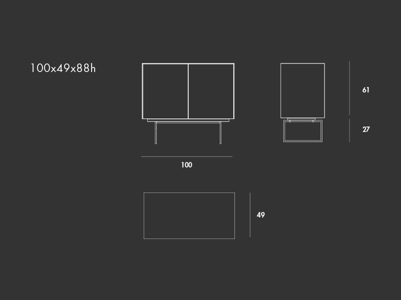 Magda Sideboard by Sovet, size drawing: 2 doors, H 88