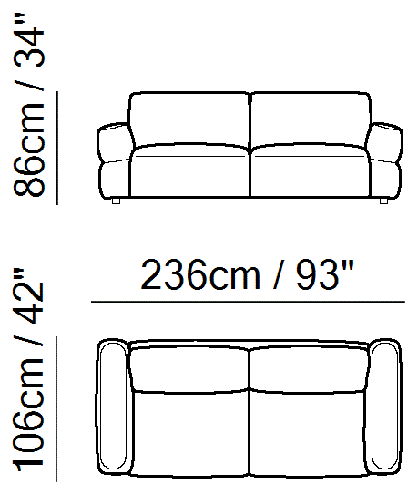 Easy Sectional by Natuzzi Italia: Three-seater sofa, outline drawing with sizes