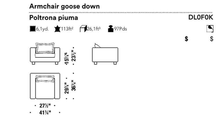 Nebula Nine Armchair by Moroso, size drawing: Armchair goose down