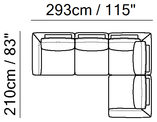 Semplice Sectional by Natuzzi Italia: Leather or fabric modular sofa, outline drawing with sizes