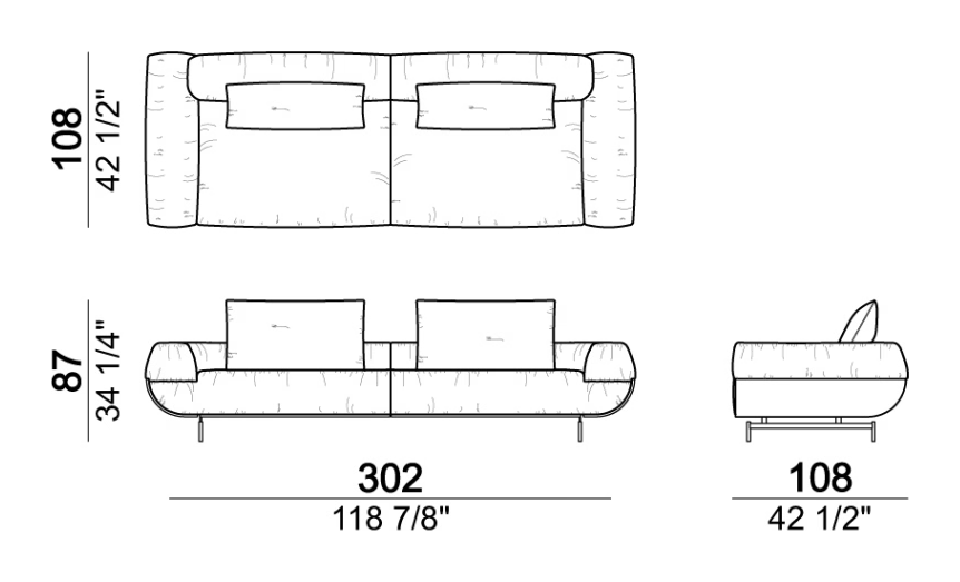 Fastlove Sofa by Arketipo, size drawing: Sofa with back cushions 95 cm