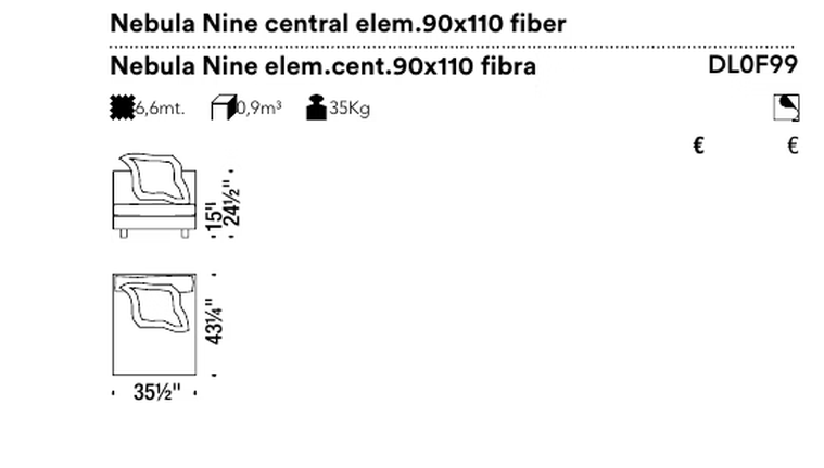 Nebula Nine Sofa by Moroso, size drawing: Nebula Nine central elem.90x110 fiber