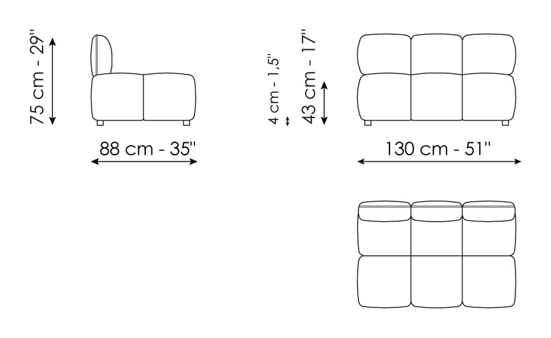 Brik Sofa by Bonaldo, size drawing: Center section 130