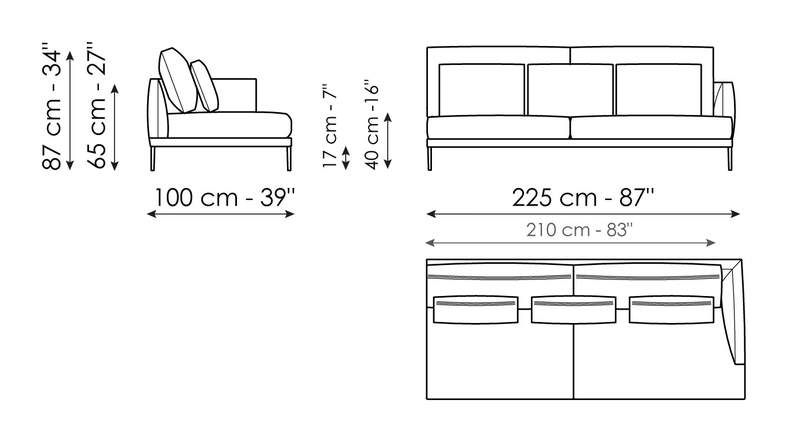 Paraiso Sofa by Bonaldo, size drawing: End section sofa 225 - 2 seats