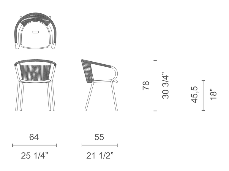 Gilda Lido Dining Armchair by Cappellini, size drawing: GB_1E