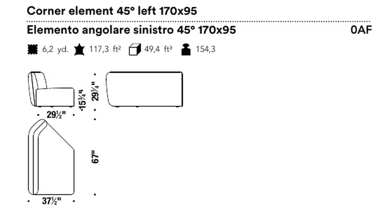 Chamfer Sofa by Moroso, size drawing: Corner element 45° left 170x95