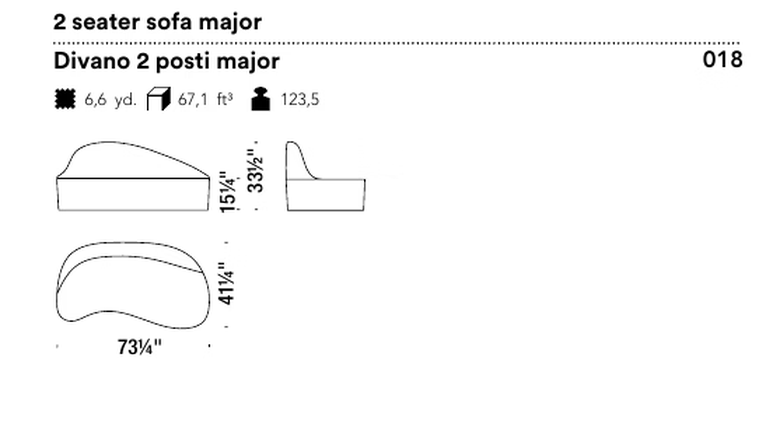 Saruyama Island Seating System by Moroso, size drawing: 2 seater sofa major