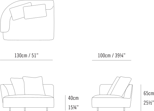 Max Sectional by Bensen, size drawing: Max Sectional 130 Left