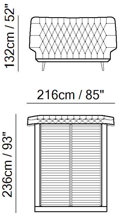 Dolcevita Bed by Natuzzi Italia: Bed with split mesh 152X203, outline drawing with sizes