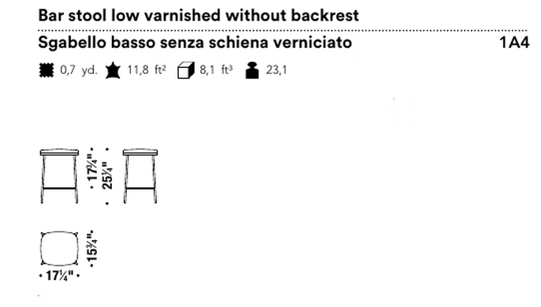 Precious Stool by Moroso, size drawing: Bar stool low varnished without backrest