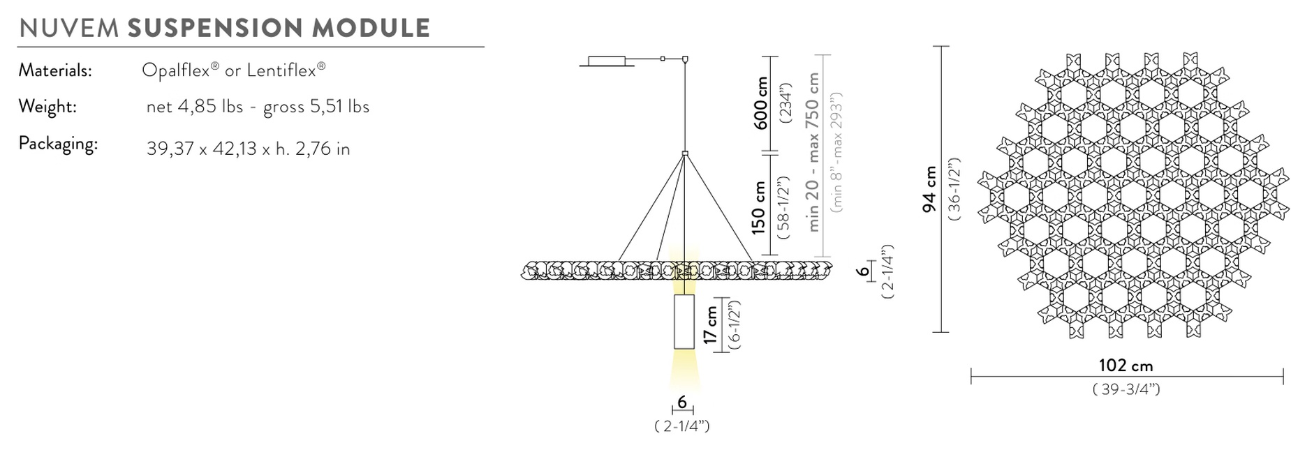Nuvem Pendant System by Slamp, size drawing: Nuvem Suspension Module