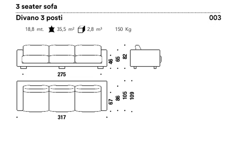 Salon Nanà Sofa by Moroso, size drawing: 3 seater sofa