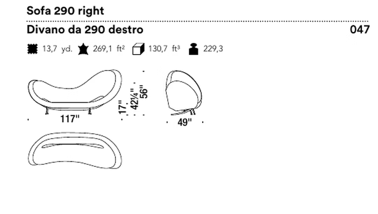 Victoria and Albert Sofa by Moroso, size drawing: Sofa 290 right