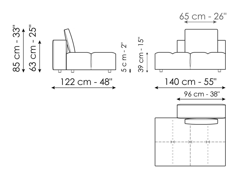 Bonamour Sofa by Bonaldo, size drawing: Penisola 140 x 122