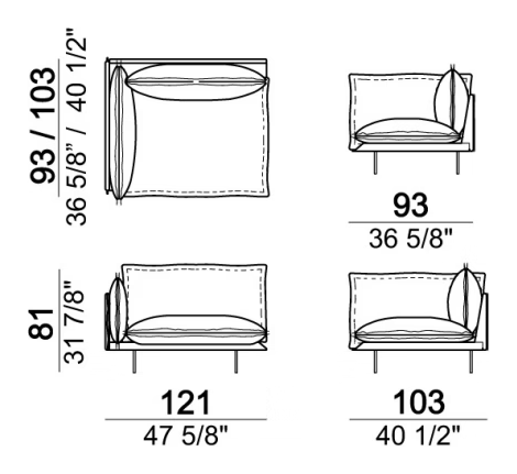 Auto-Reverse Sofa by Arketipo, size drawing: Right or left unit, back cushion 105 cm