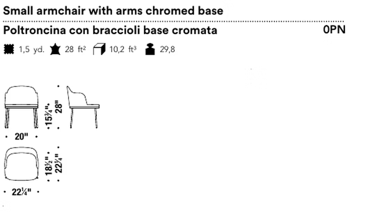 Precious Armchair by Moroso, size drawing: Small armchair with arms chromed base