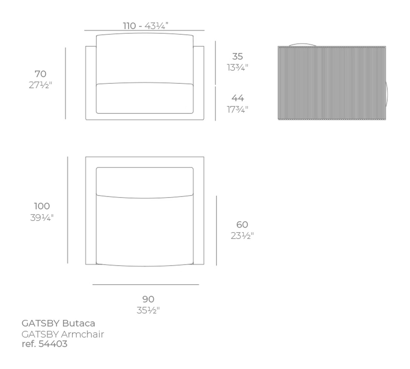 Gatsby Lounge Chair by Vondom, size drawing