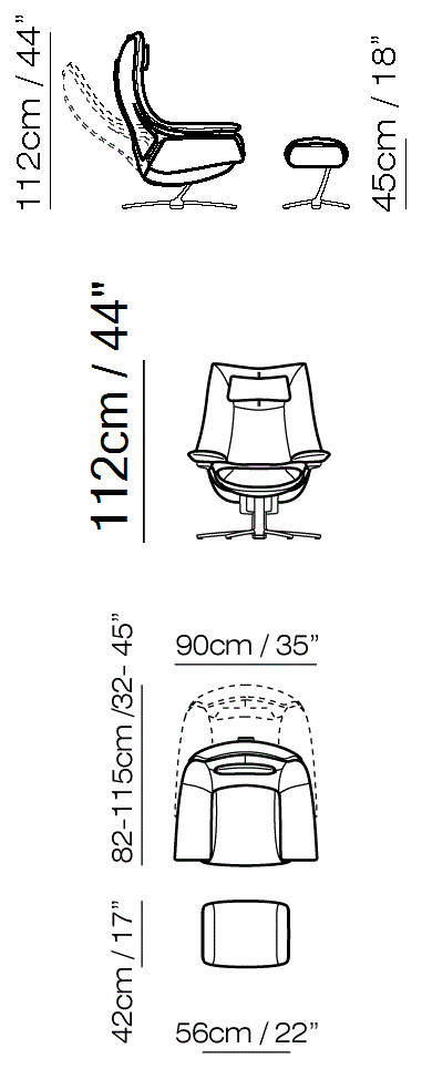 Re-Vive Casual Recliner by Natuzzi Italia: Re-Vive armchair with footrest and headrest, outline drawing with sizes