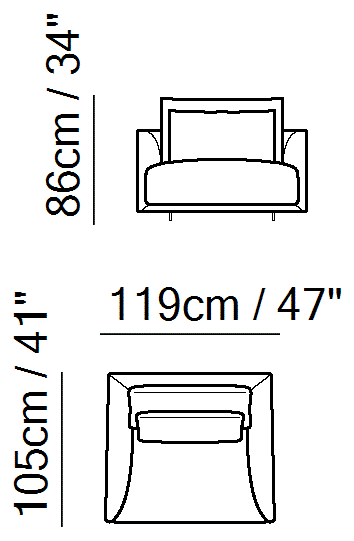 Long Beach Sectional by Natuzzi Italia: Chair, outline drawing with sizes