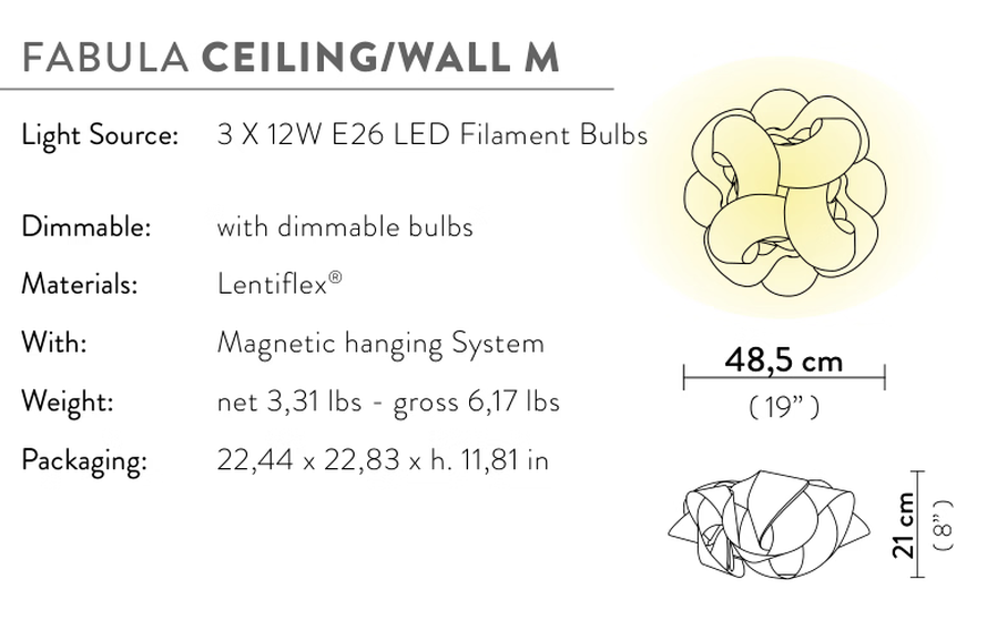Fabula Ceiling/Wall Lamp by Slamp, size drawing: Fabula Ceiling/Wall M
