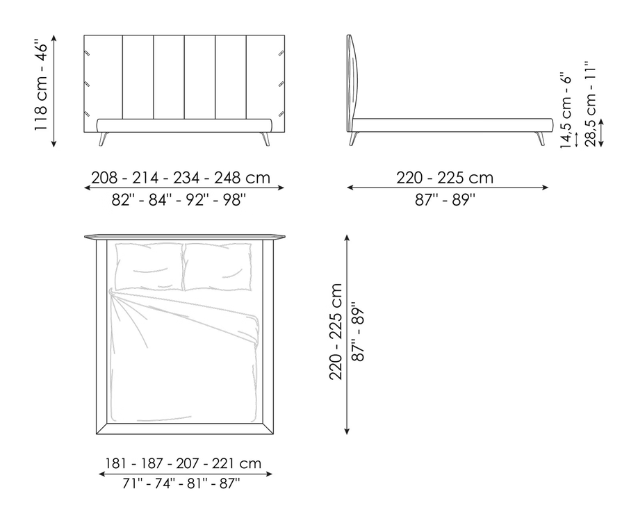 Cuff Double Bed by Bonaldo, size drawing: Cuff hi