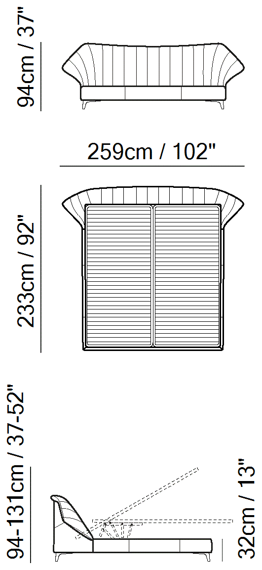 Cala Bed by Natuzzi Italia: Bed with split mesh 193X203, outline drawing with sizes