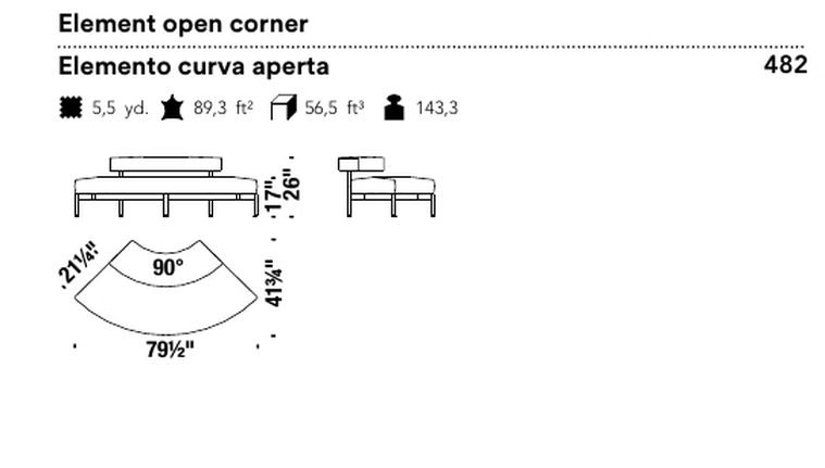Freeflow Seating System by Moroso, size drawing: Element open corner
