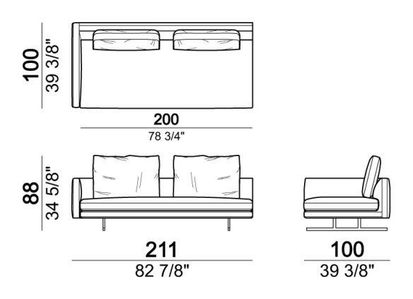 Moss Sofa by Arketipo, size drawing: Right or left unit, back cushions 80 cm