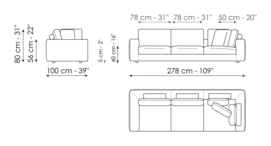 Superhiro Sofa by Bonaldo, size drawing: Corner sofa 278