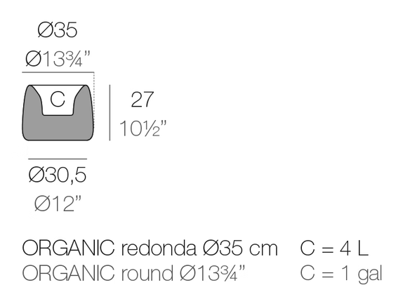 Organic Redonda Planter by Vondom, size drawing
