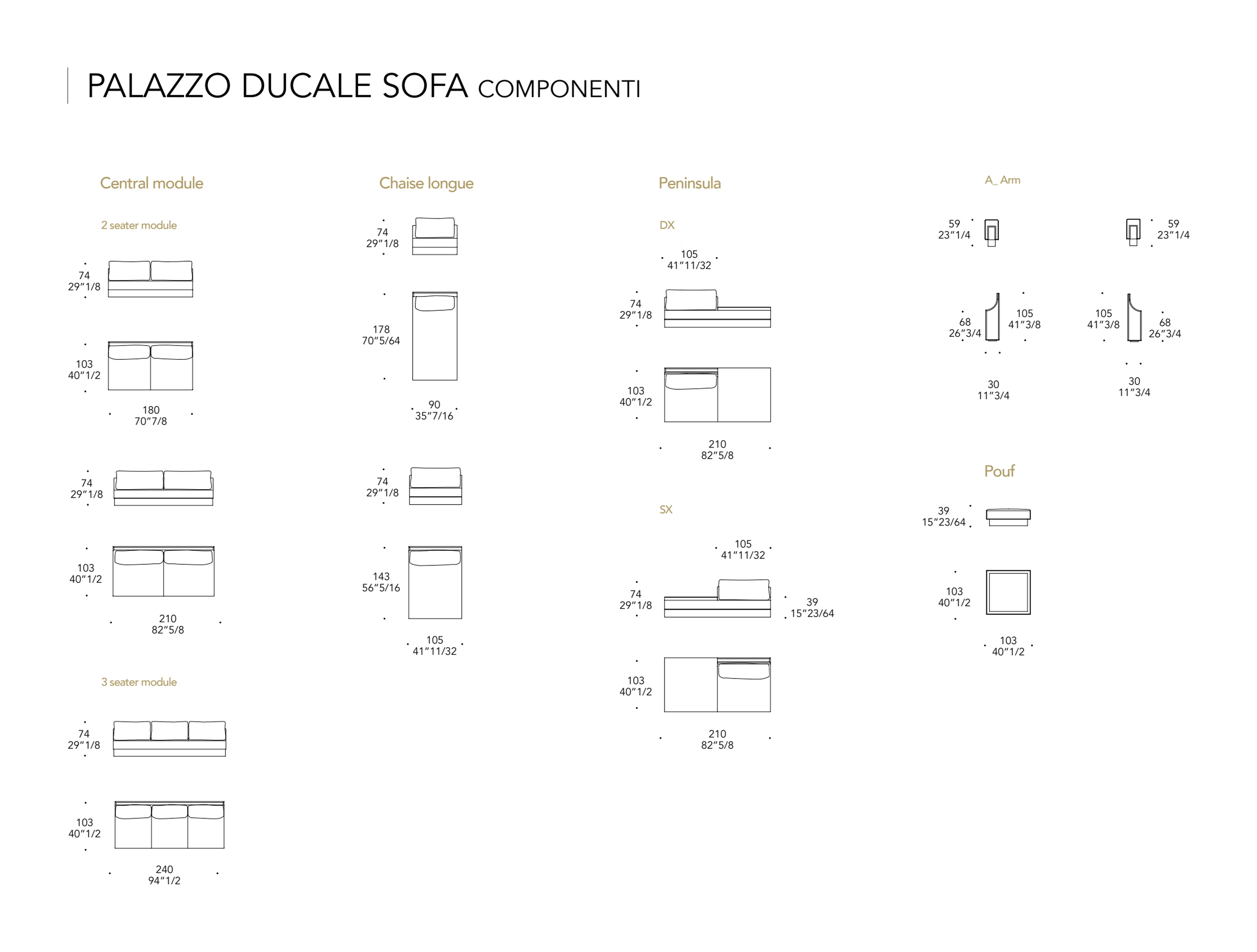 Palazzo Ducale Sofa by Reflex, size drawing 2