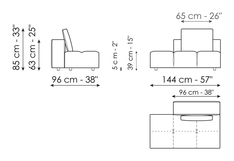 Bonamour Sofa by Bonaldo, size drawing: Penisola 144 x 96