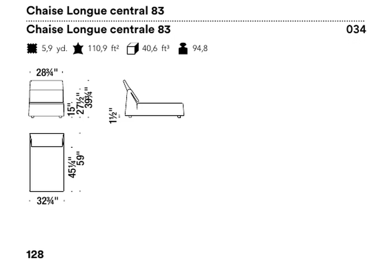 Highlands Chaise Lounge by Moroso, size drawing: Chaise Longue central 83