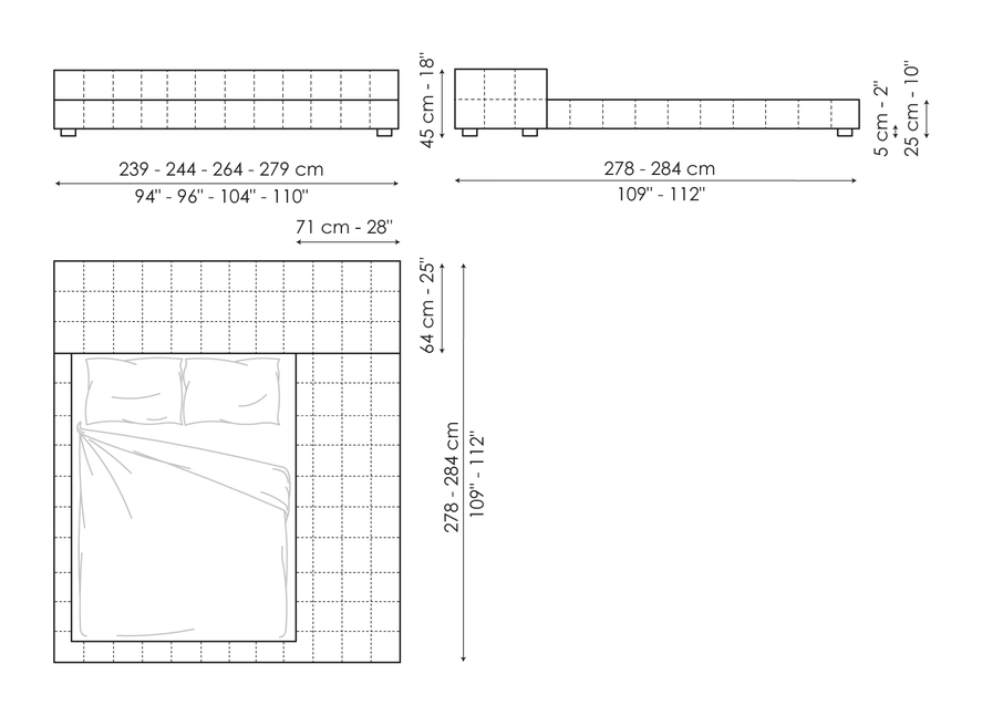 Squaring Double Bed by Bonaldo, size drawing: Squaring penisola