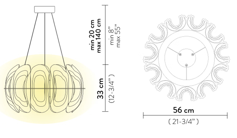 Fiordlys Pendant Lamp by Slamp, size drawing: Fiordlys Suspension Round