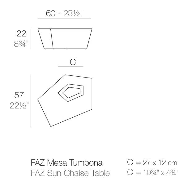 Faz Sun Lounger Table by Vondom, size drawing