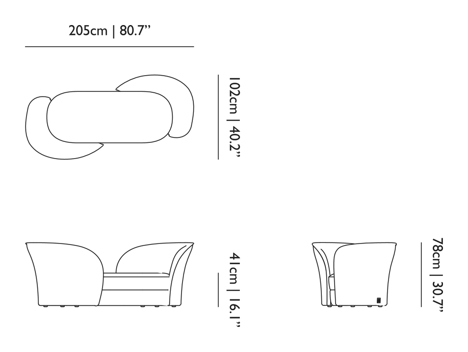 Aldora Vis a Vis Sofa by Moooi, size drawing: Right