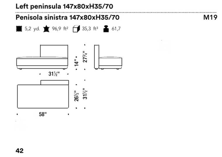 Bikini Island Modular Sofa by Moroso, size drawing: Left peninsula 147x80xH35/70