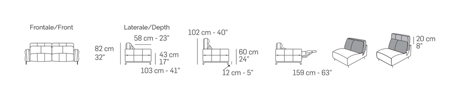 Antares Leg Sofa by Nicoline, size drawing: Front and side views