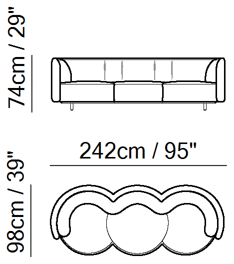 Wave Sofa by Natuzzi Italia: Large three-seater sofa, outline drawing with sizes